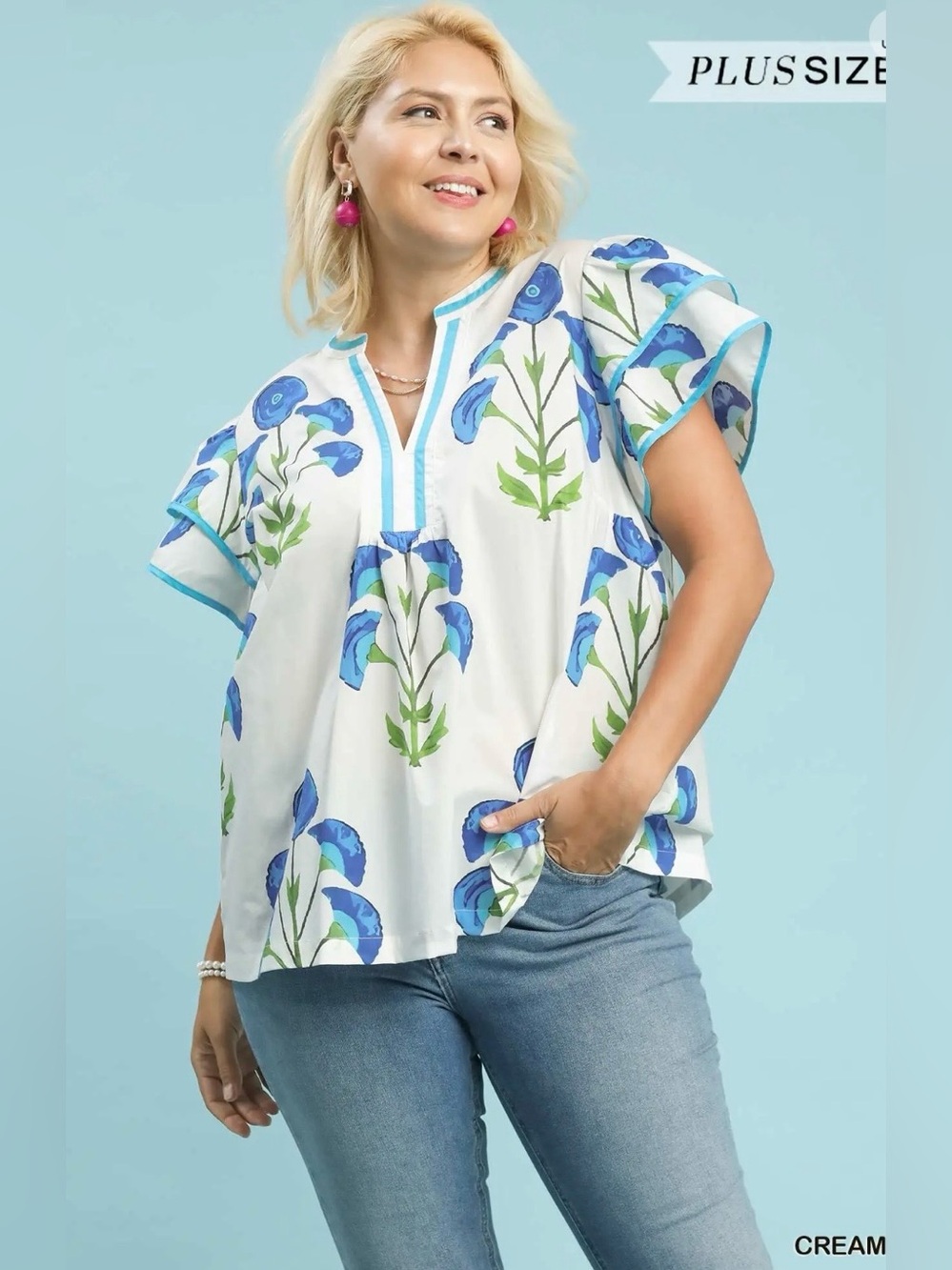 New! Umgee Plus Cotton Cream Floral Popover Top with Blue Accents Size X Large